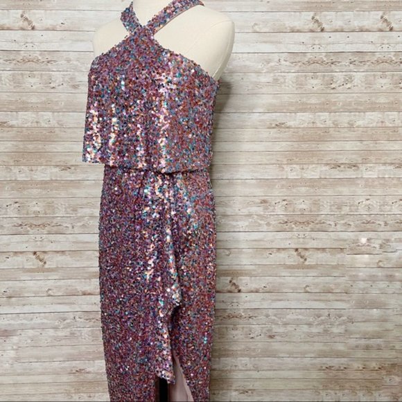 🎉HOST PICK🎉 NWT Monique Lhuillier Halter Neck Sequin Gown Sz 2 - Picture 3 of 11